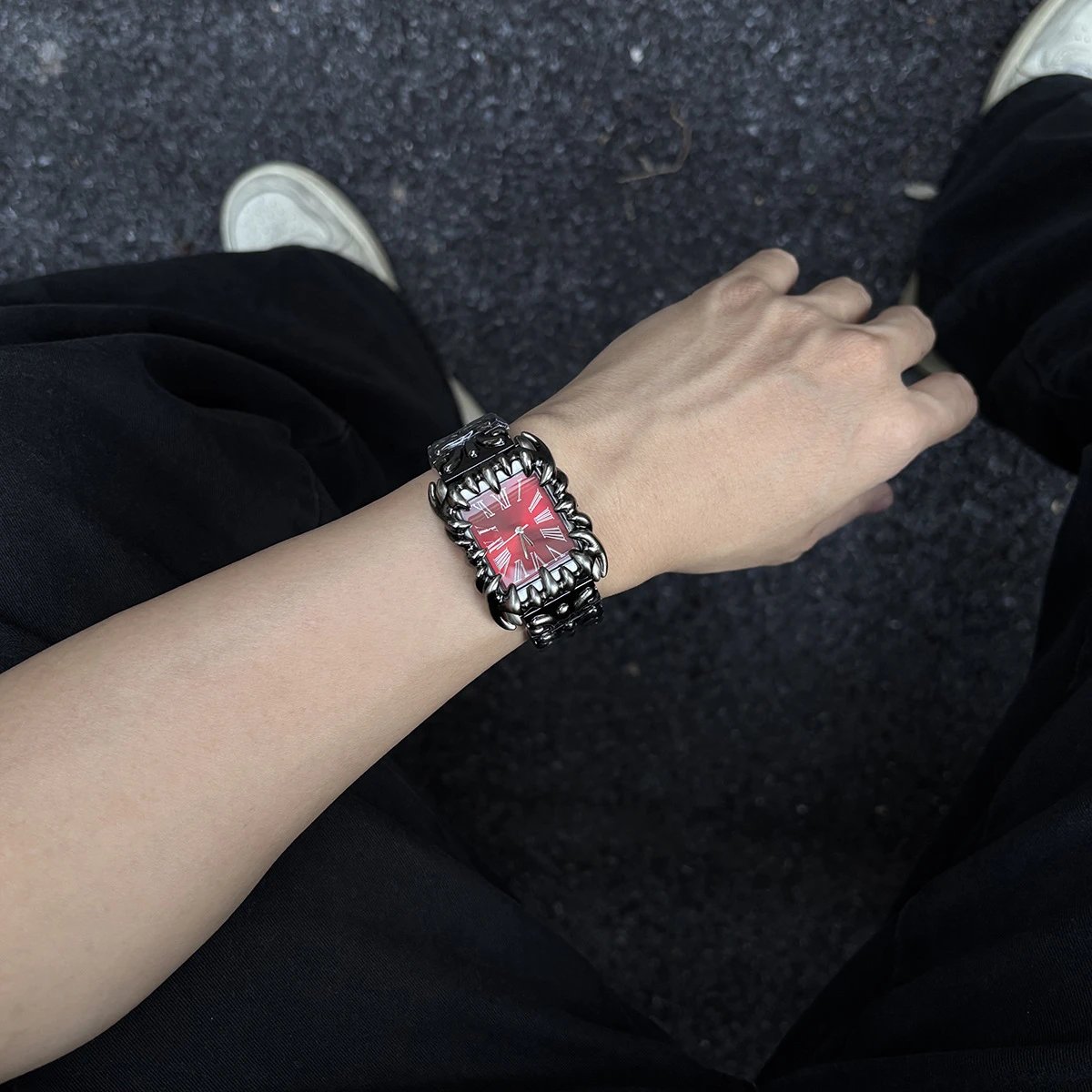 Ornate Silver Tone Red Dial Gothic Style Wristwatch