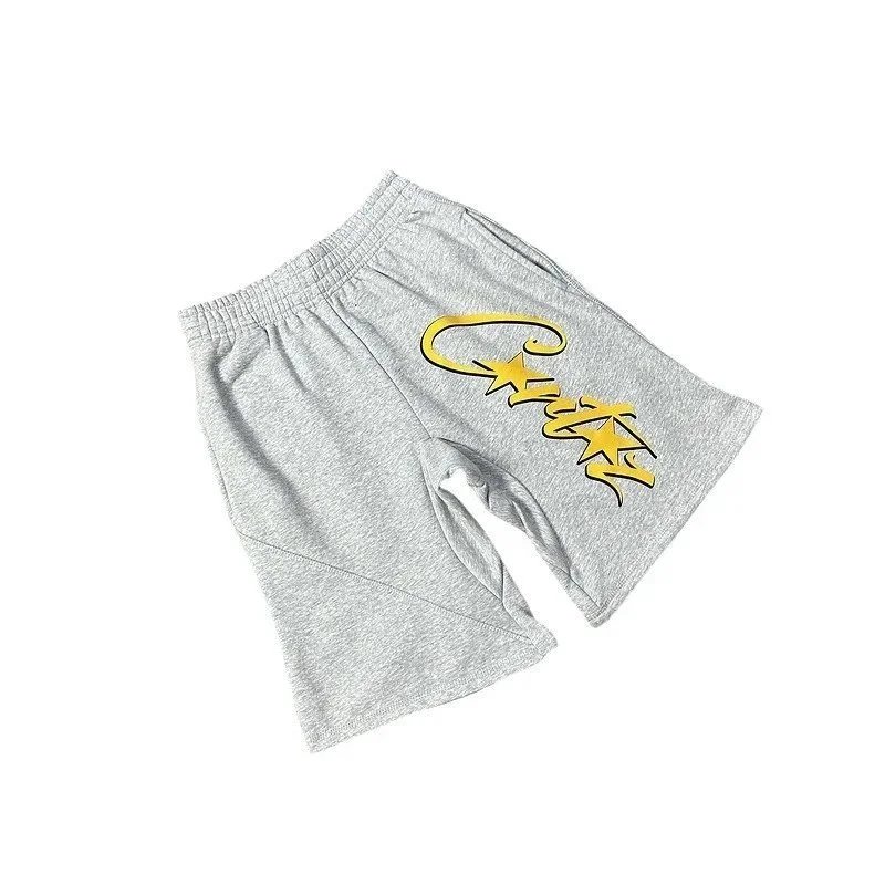 Gold Script Logo White Gray Black Casual Sweat Shorts