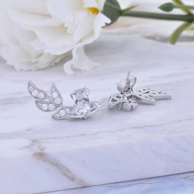 Silver Leaf Design Crystal Stud Earrings