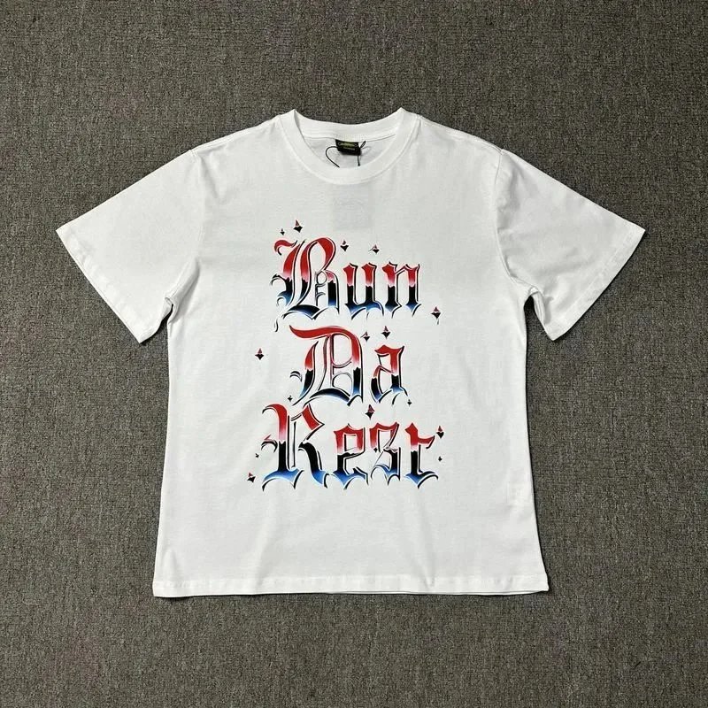 White Graphic Print T-Shirt Red Blue Gothic Typography Casual Tee