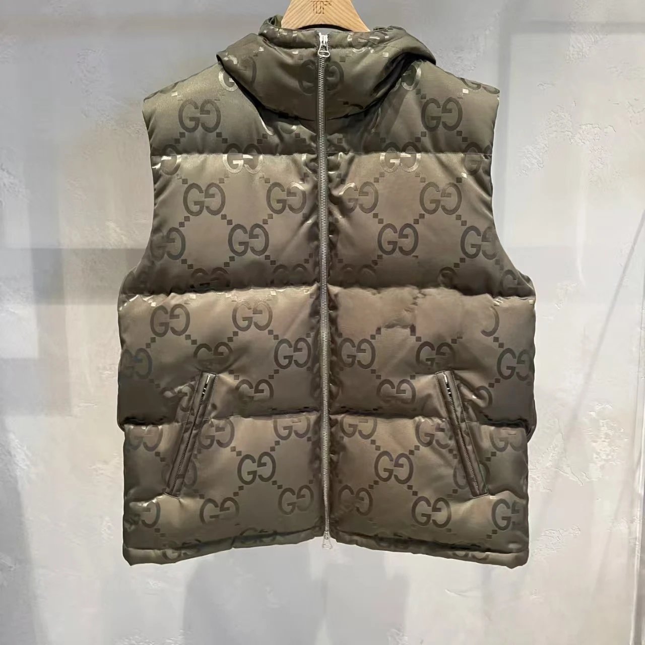 Gucci Vests Hooded Monogram Puffer Vest — Dark brown vest