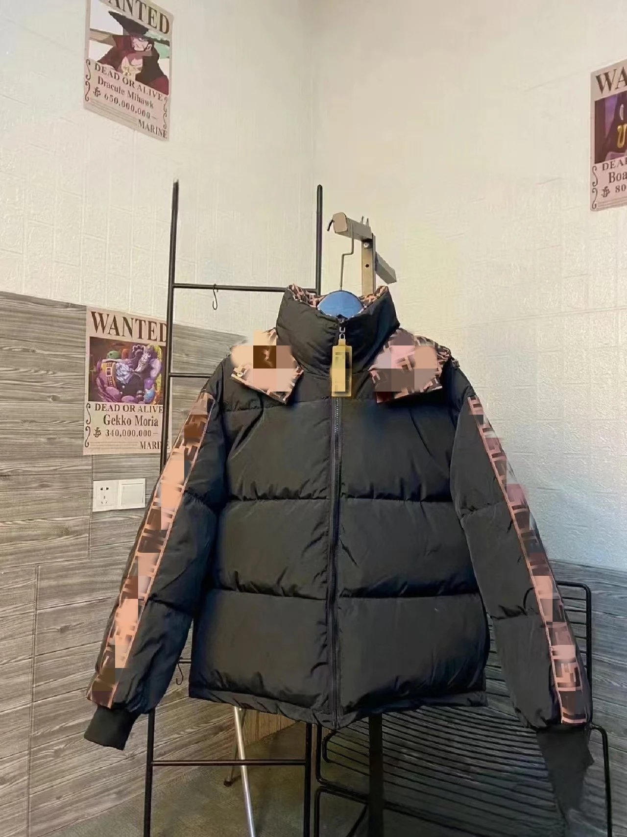 Unbranded Down Jackets Puffer Jacket with Patterned Trim — Black