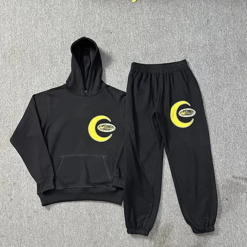Black Hoodie and Jogger Set with Yellow Crescent Logo Sportswear