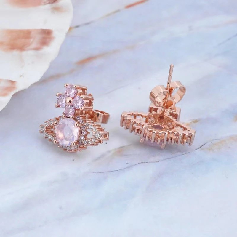Rose Gold Plated Pink Crystal Flower Stud Earrings