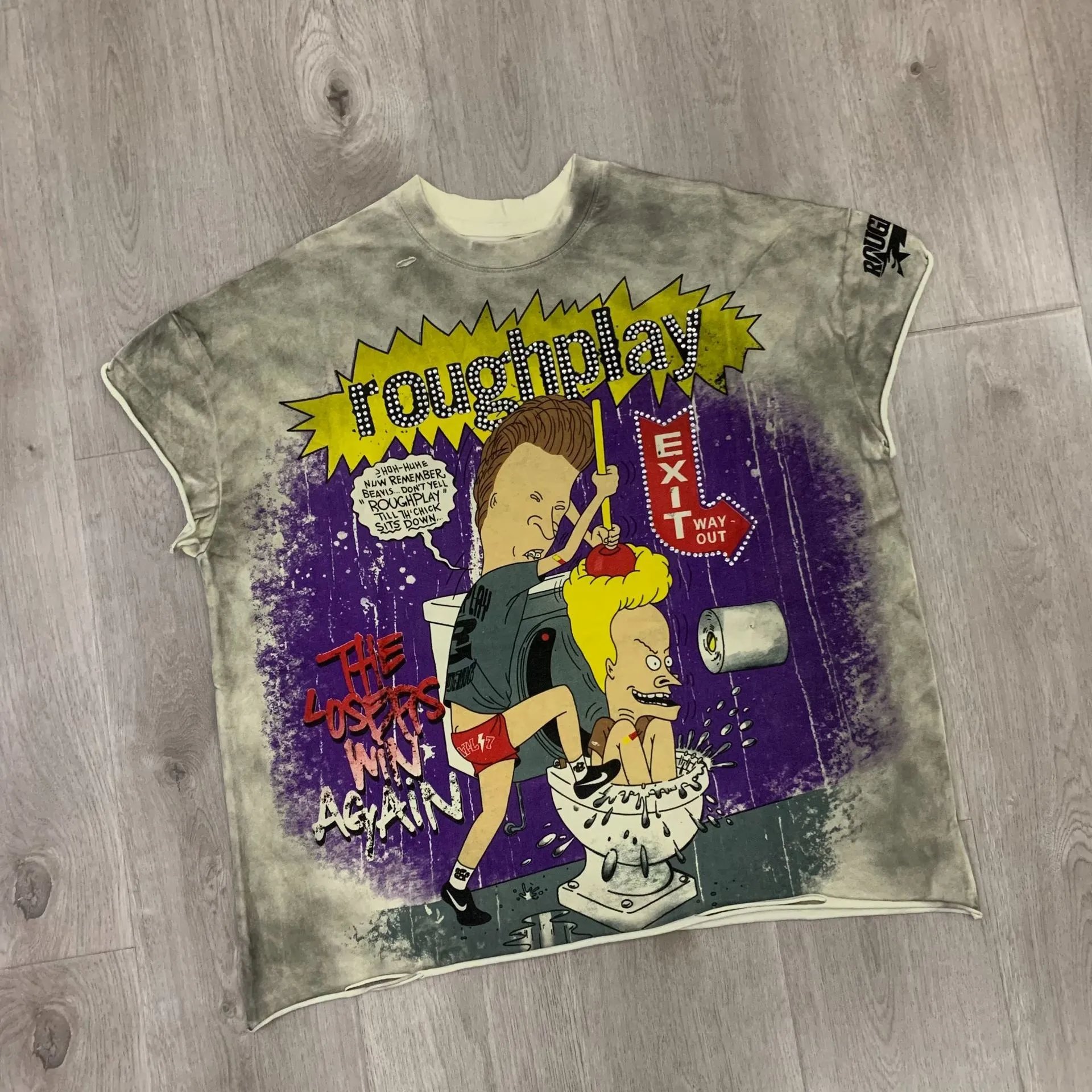 Roughplay Beavis And Butt Head Gray Acid Wash Graphic T-Shirt