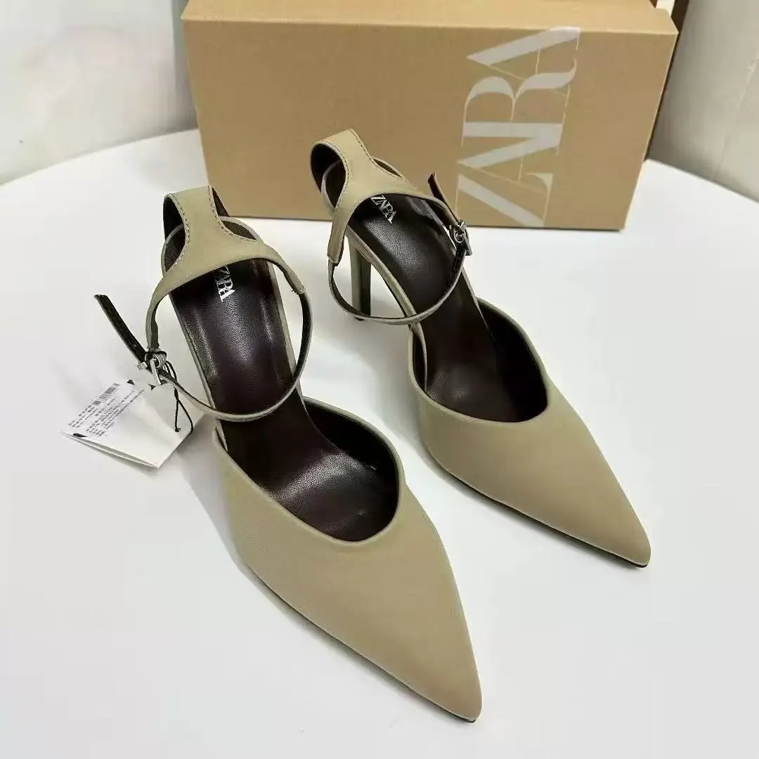 Zara High Heels Pointed-Toe Ankle-Strap Stiletto — Green