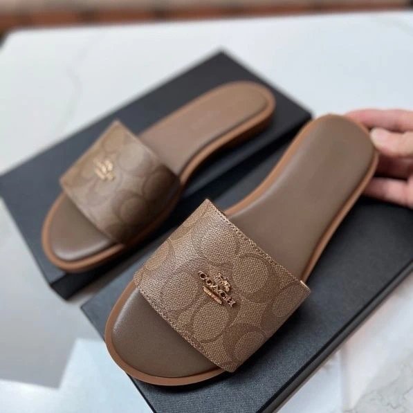 Coach Slide Sandals Brown Monogram Flat Slippers