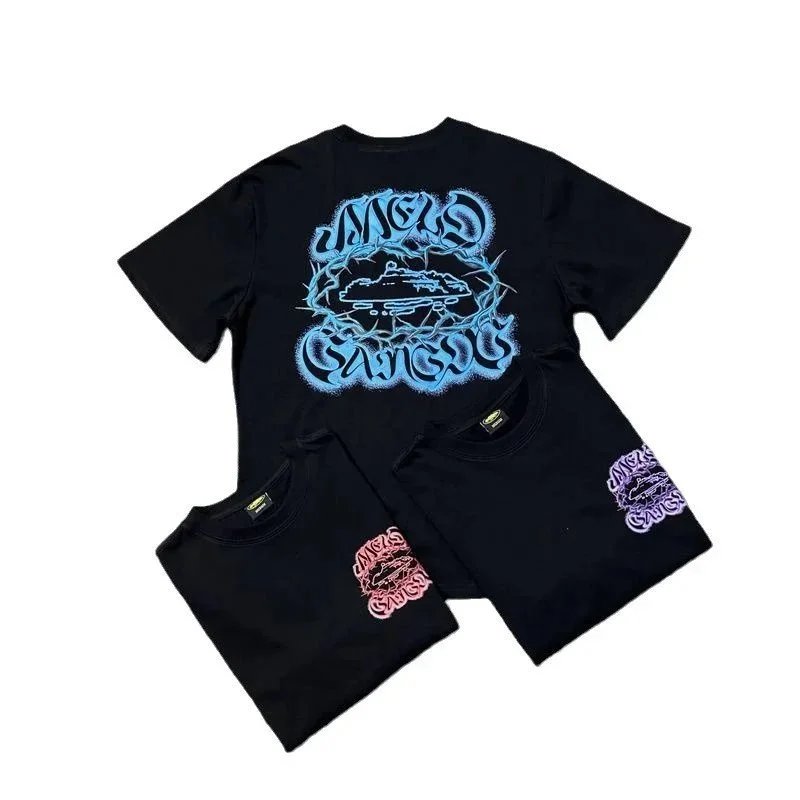 Black Graphic Print T-Shirt Blue Pink Purple Streetwear