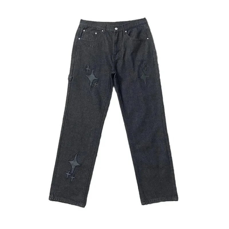Black Denim Jeans with Star Embroidery Distressed Style