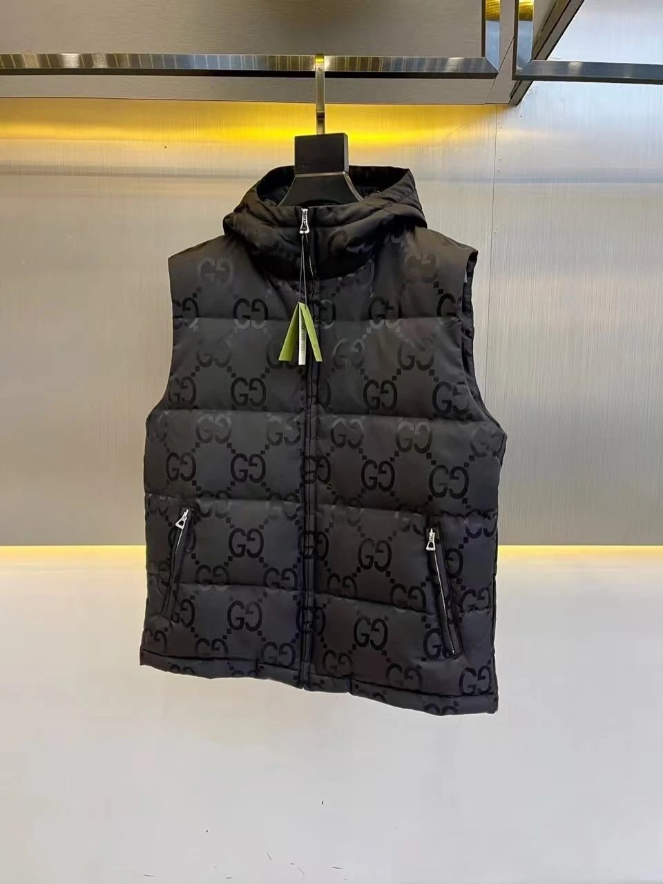 Gucci Vests Hooded Monogram Puffer Vest — Black vest