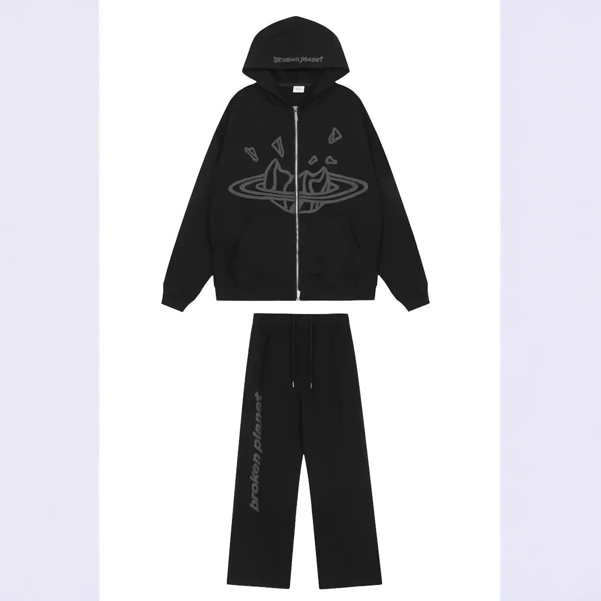 Broken Planet Zip-up hoodie and wide-leg sweatpants with flame graphic image 2