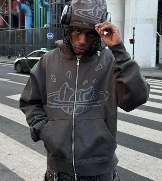 Broken Planet Zip-up hoodie and wide-leg sweatpants with flame graphic product detail image 3