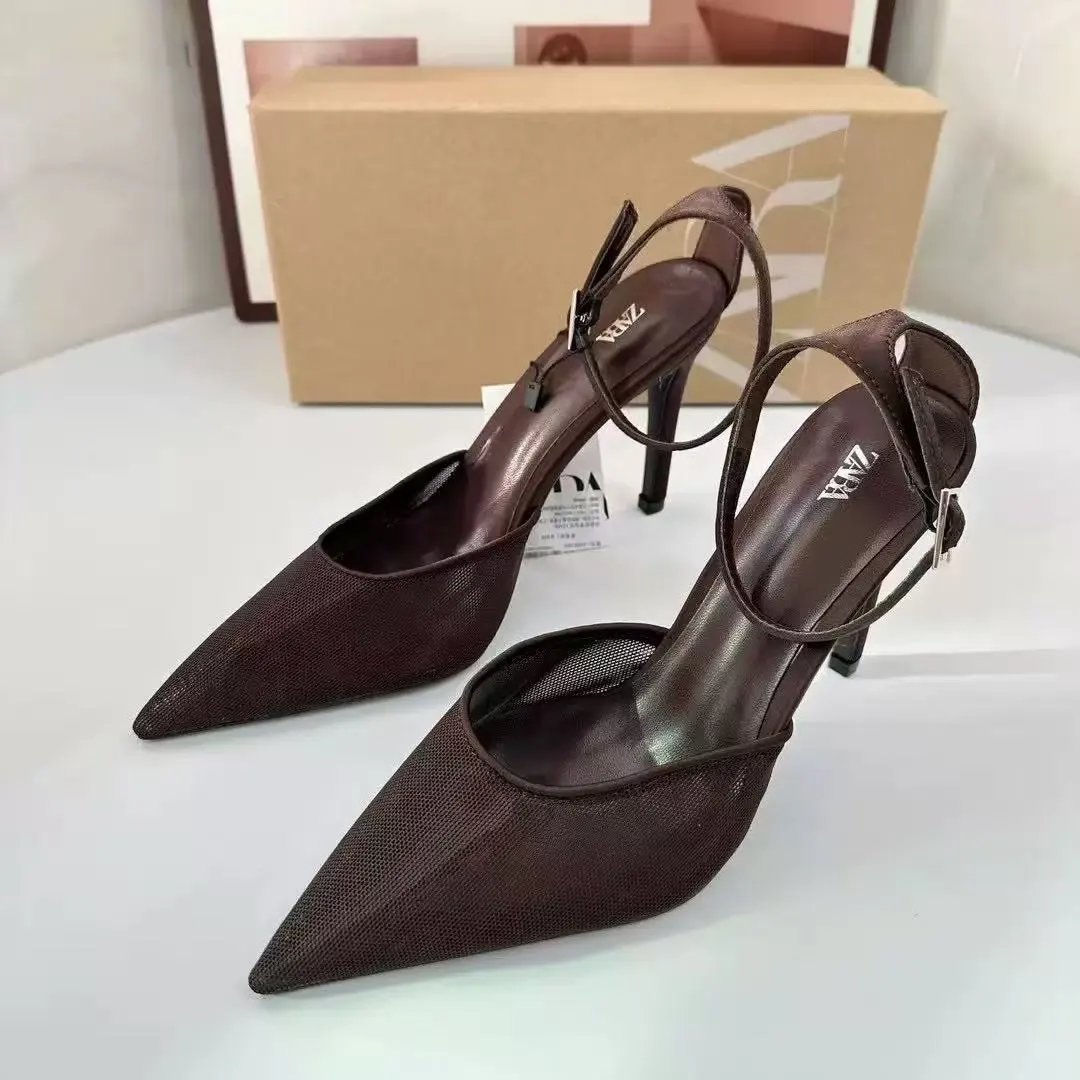 Zara High Heels Pointed-Toe Ankle-Strap Stiletto — Brown