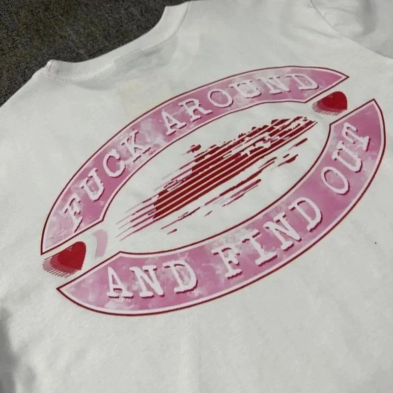 White Cotton T-Shirt Pink Graphic Logo Casual Tee