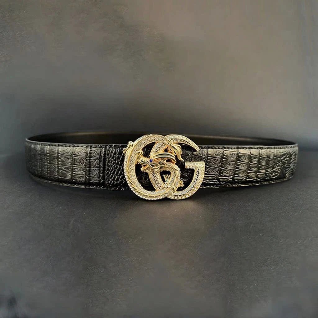 Crocodile Texture Black Gold Dragon Buckle Luxury Belt