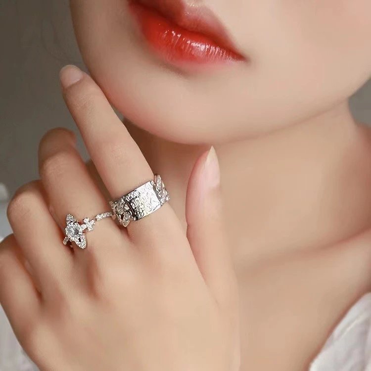 Silver Butterfly Crystal Adjustable Stackable Ring Set