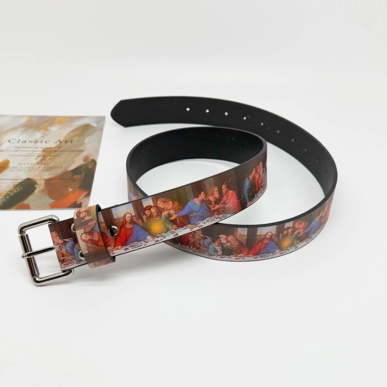 Classic Art Print Brown Leather Belt Vintage Style
