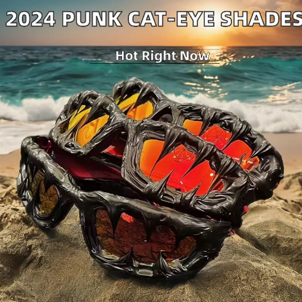 Custom Molded Sunglasses Black Frame Gradient Orange Red Lens Gothic Style