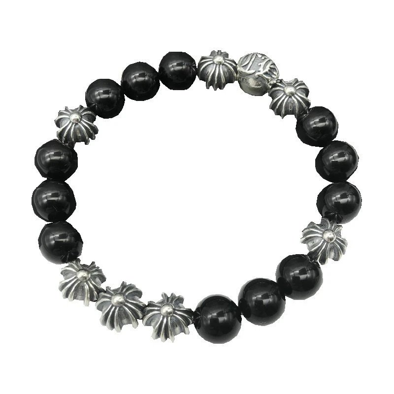 Chrome Hearts Black Onyx Floral Silver Charm Bracelet Set