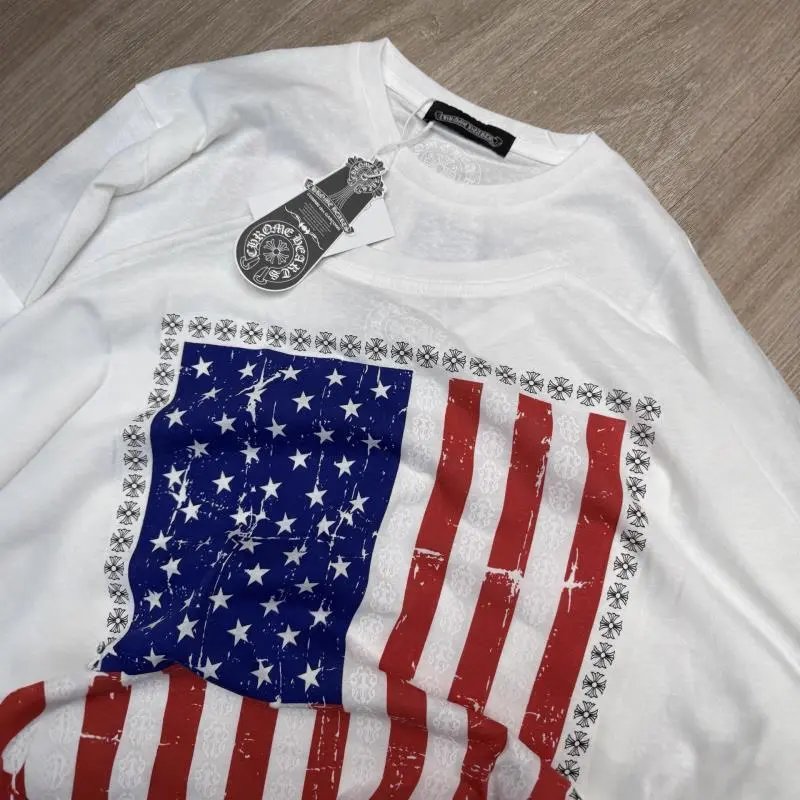 Chrome Hearts White Distressed American Flag Graphic T-Shirt