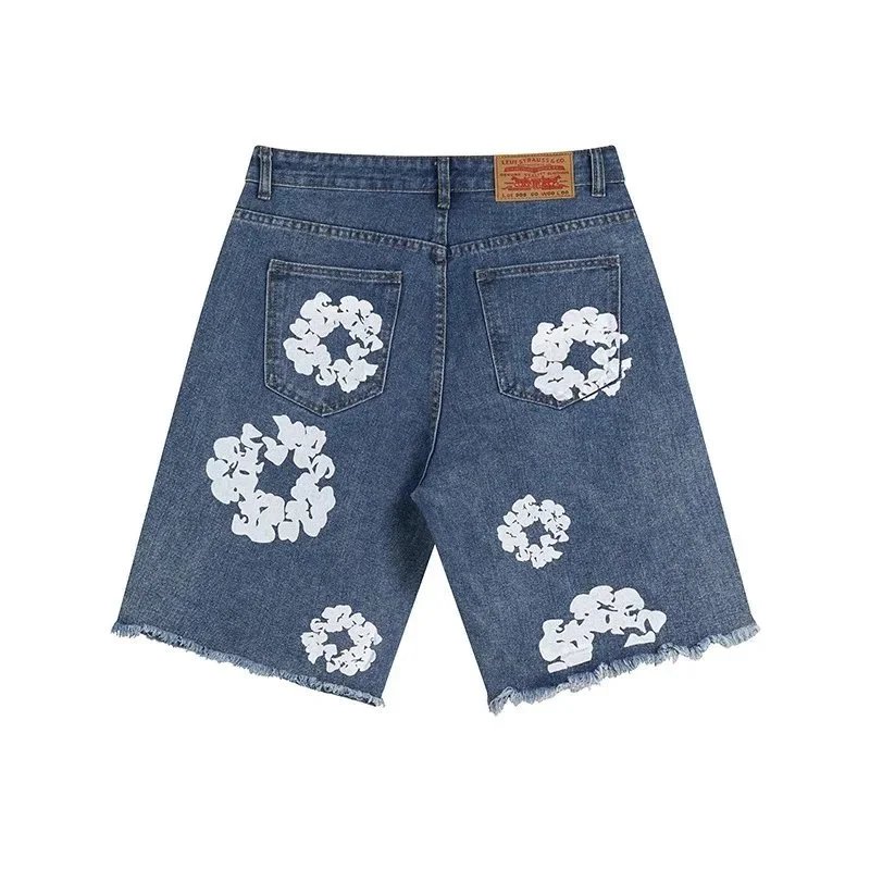 Denim Shorts Blue Black White Floral Embroidered Distressed