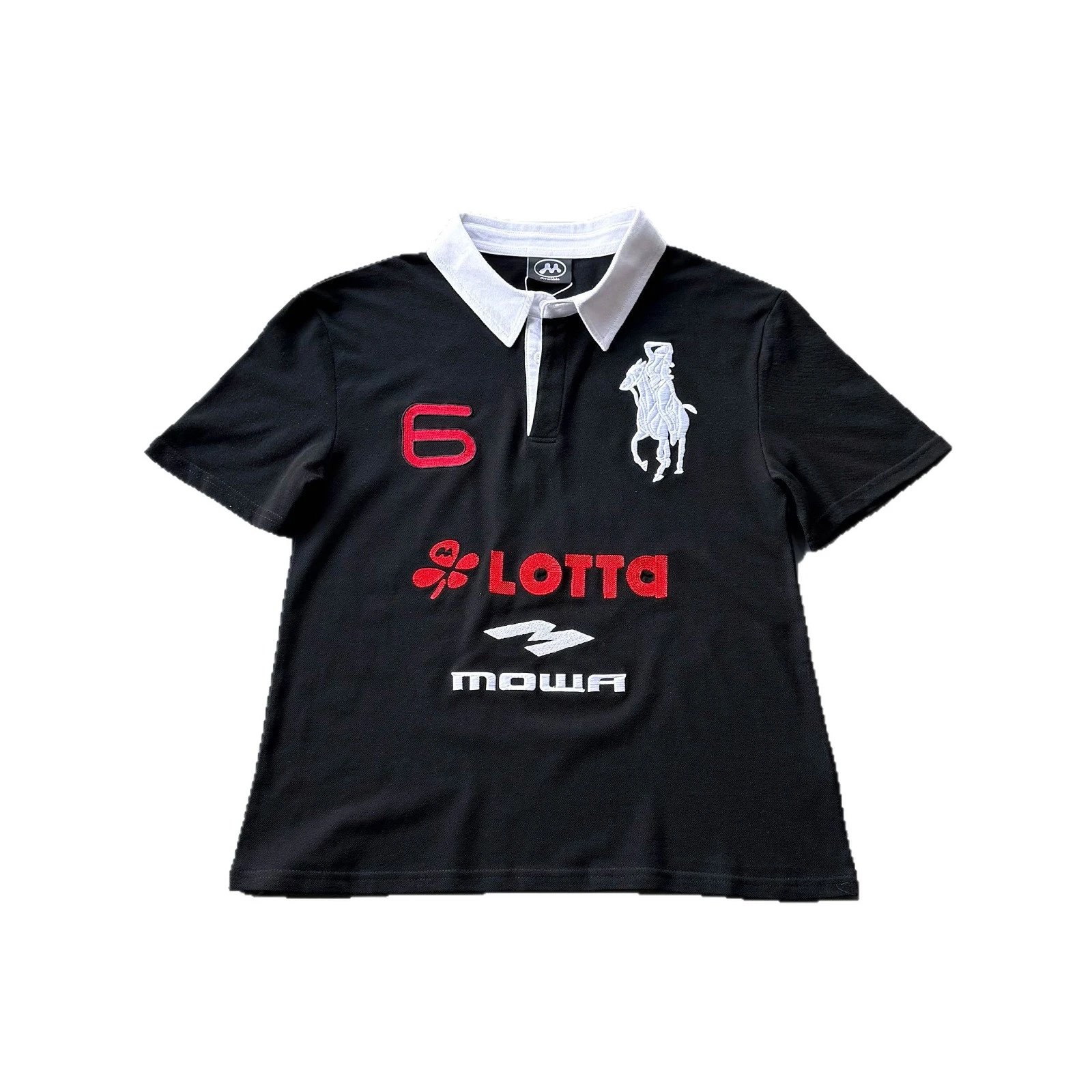 Black Polo Shirt with Red Number 6 and Logo Print Streetwear