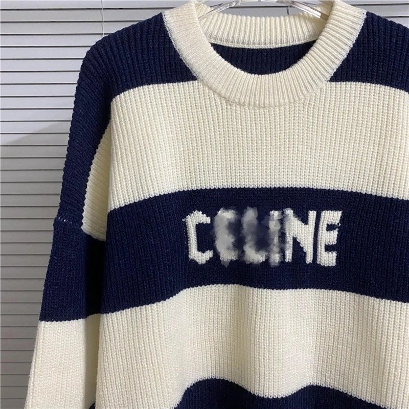 Celine Striped Navy White Crewneck Knit Sweater