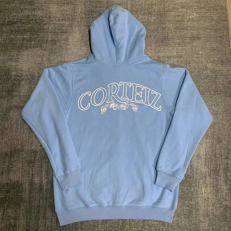 Corteiz Gray Zip-Up Hoodie Light Blue Embroidered Graphic Sweatshirt