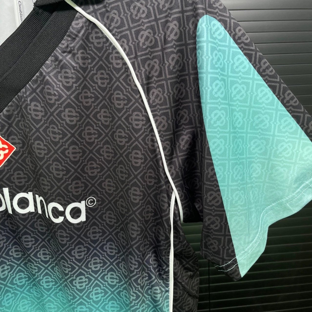 Casablanca Patterned Black Teal Gradient V-Neck Sport Shirt