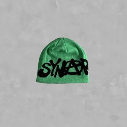 Green Knit Beanie with Black Graffiti Logo Streetwear