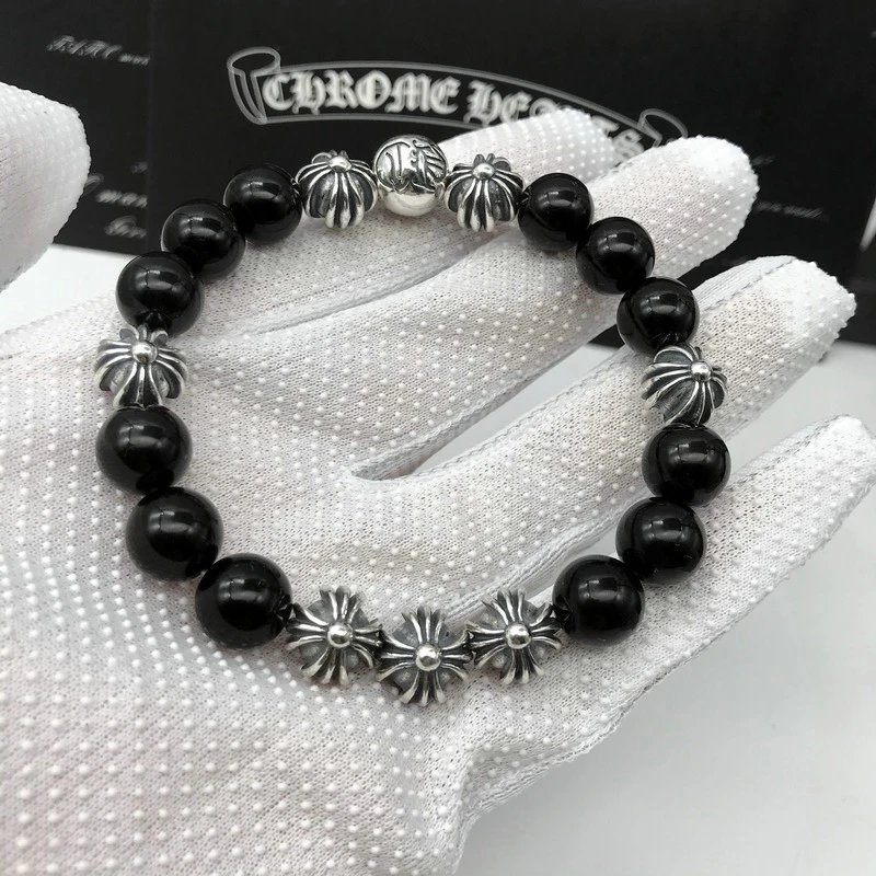 Chrome Hearts Black Onyx Floral Silver Charm Bracelet Set