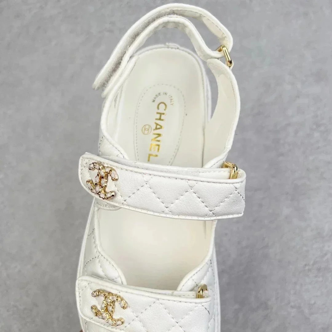 Chanel CC Logo White Quilted Leather Sandals