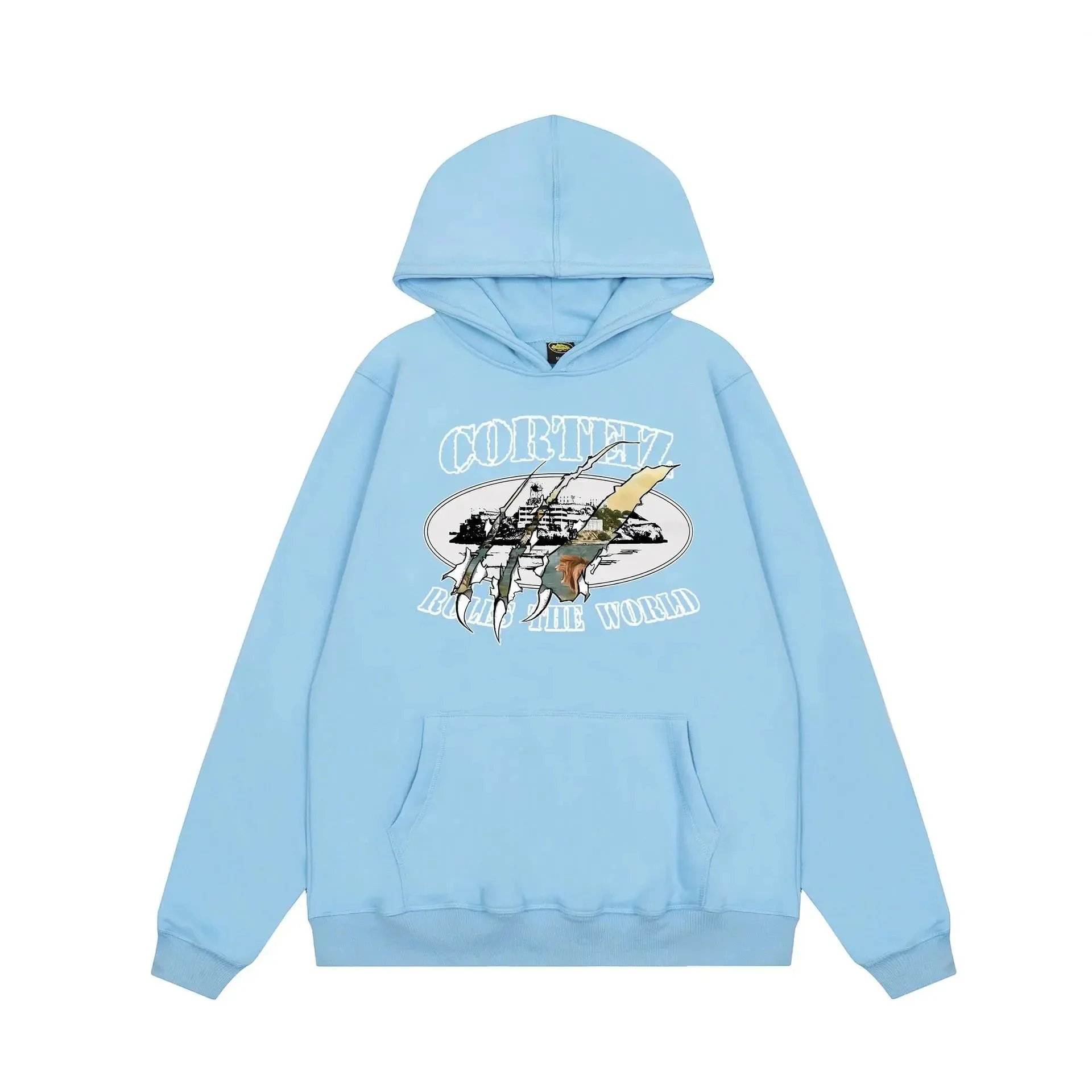 Corteiz Hooded Sweatshirt Light Blue Gray Black Graphic Streetwear