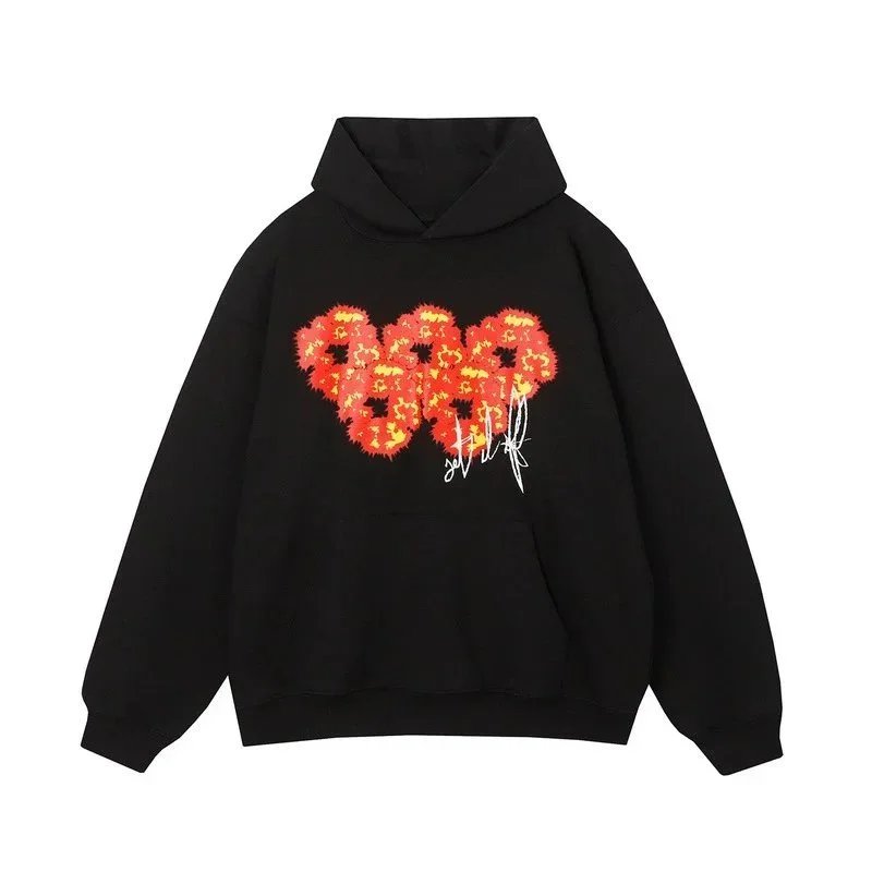 Cotton Hoodie Black White Olive Floral Embroidered Graphic Sweatshirt