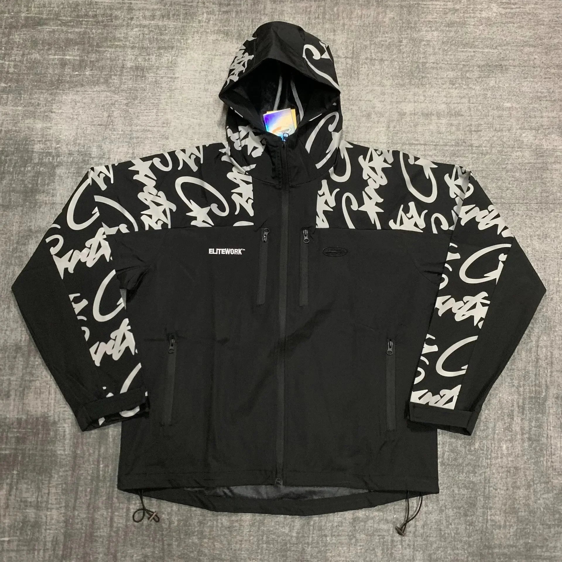 Elitework Graphic Print Black Hooded Windbreaker Jacket