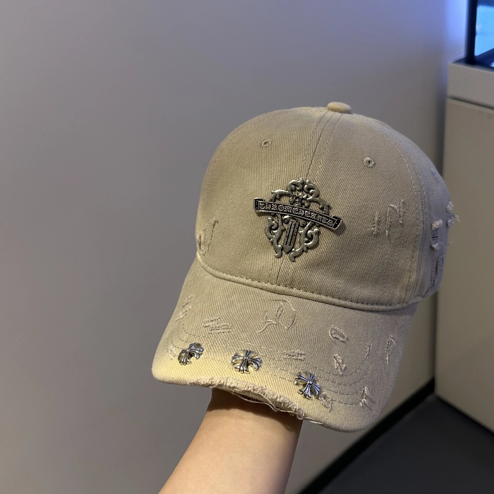 Chrome Hearts Black Distressed Embroidered Baseball Cap