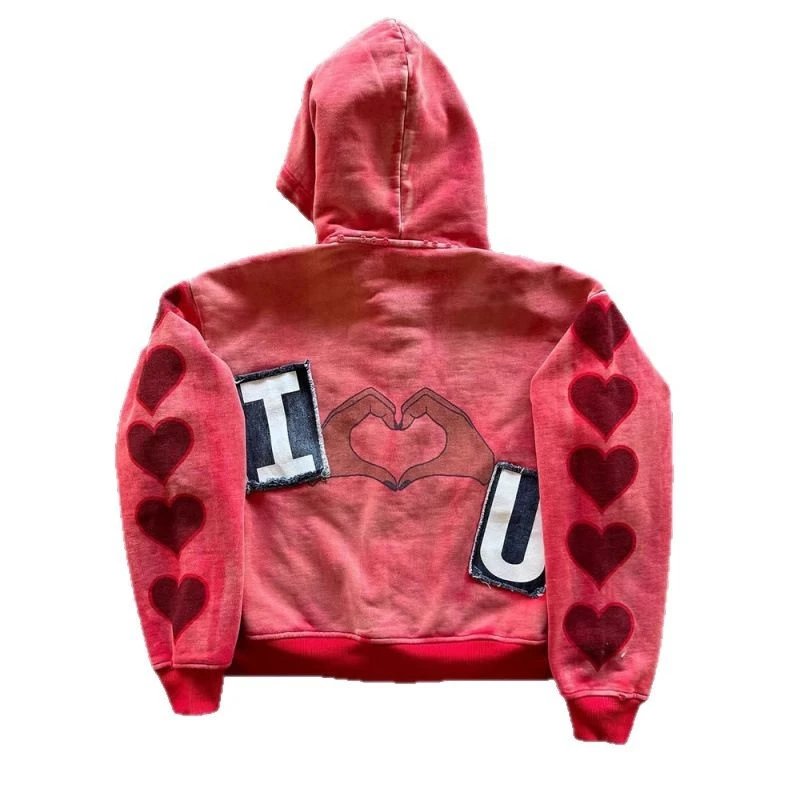 Cotton Hoodie Red Vintage I Heart U Graphic Sweatshirt