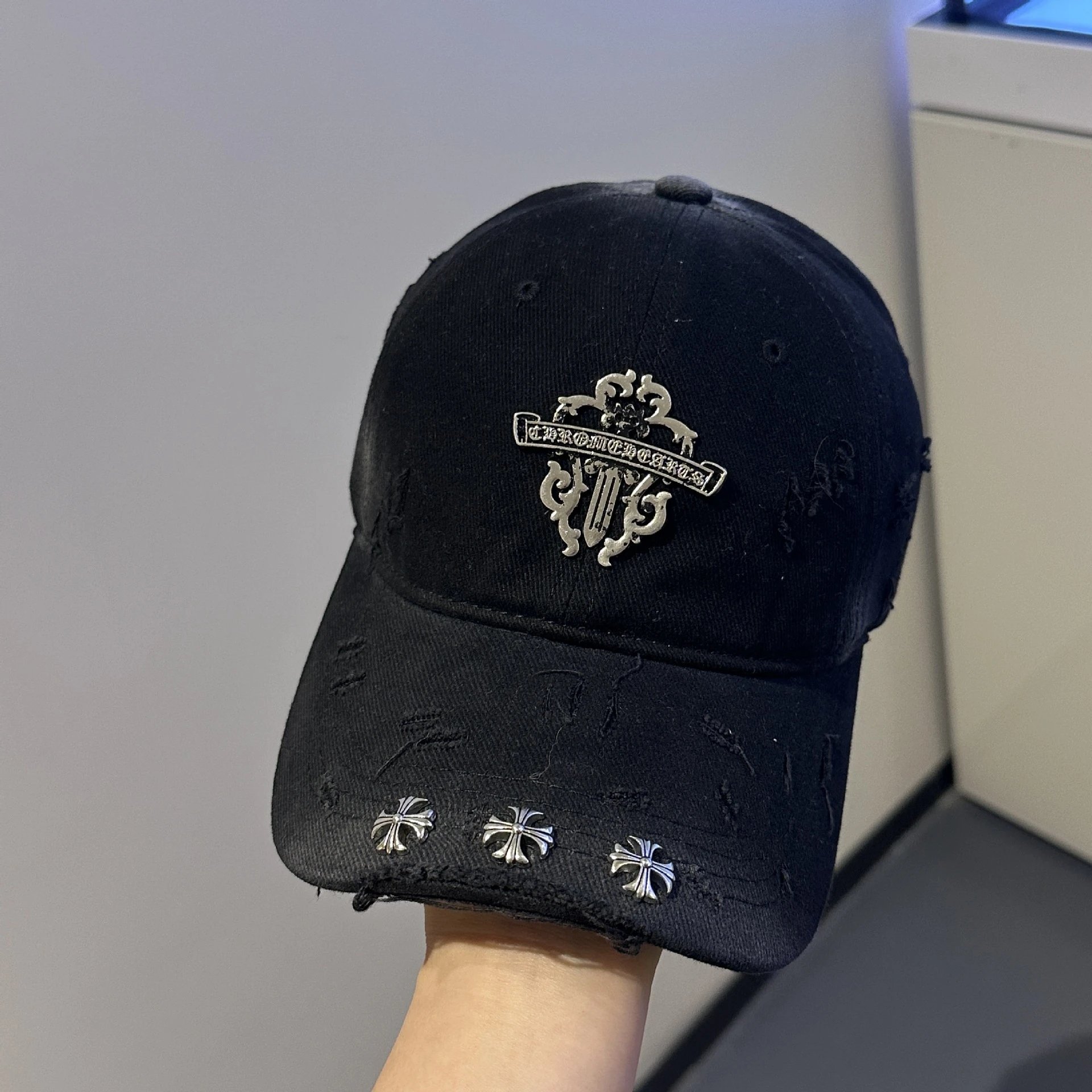 Chrome Hearts Black Distressed Embroidered Baseball Cap