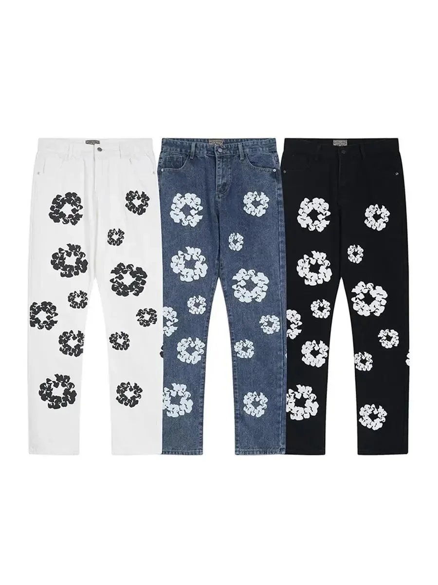 Denim Jacket And Pants Set White Blue Black Floral Embroidered Casual