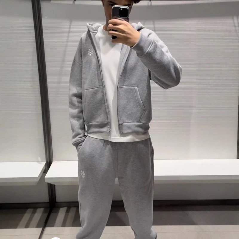 Crop Hoodie and Jogger Set Gray Black Streetwear