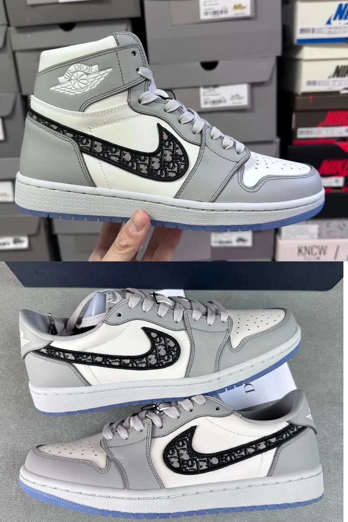 Dior X Nike Air Jordan 1 Grey White Oblique Pattern High Top Sneakers