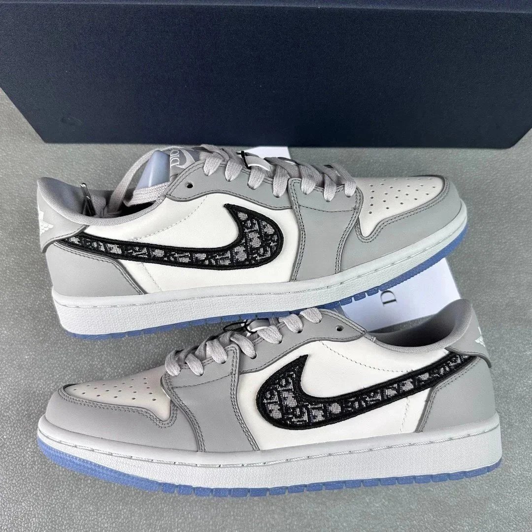 Dior X Nike Air Jordan 1 Grey White Oblique Pattern High Top Sneakers