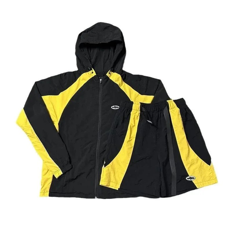 Black Yellow Panelled Hooded Windbreaker Set Sporty