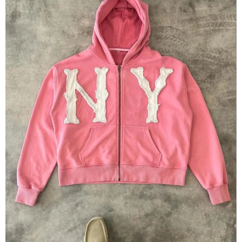 Unbranded Hoodies & Sweatshirts Full-Zip Hooded Sweatshirt with NY Letter Appliqué — Pink (customized)