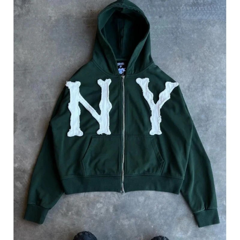 Unbranded Hoodies & Sweatshirts Full-Zip Hooded Sweatshirt with NY Letter Appliqué — Green (customized)
