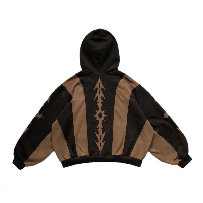 Black Brown Tribal Embroidered Zip-Up Hoodie