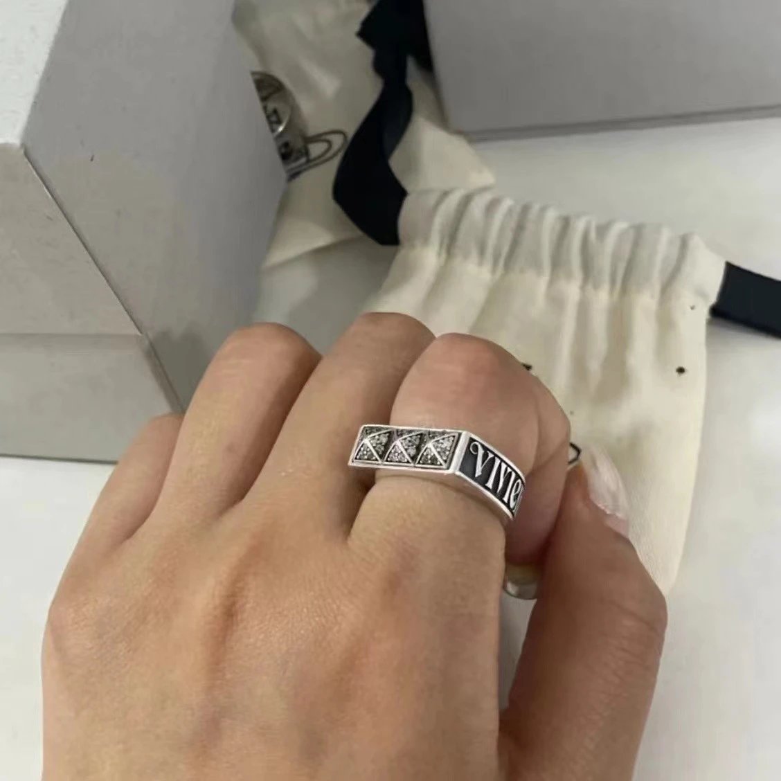 Vivienne Westwood Silver Tone Black Enamel Punk Ring