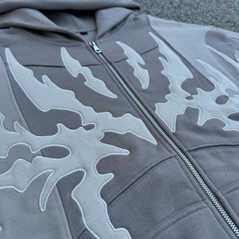 Gray Hooded Sweatshirt with White Tribal Graphic Patchwork Design