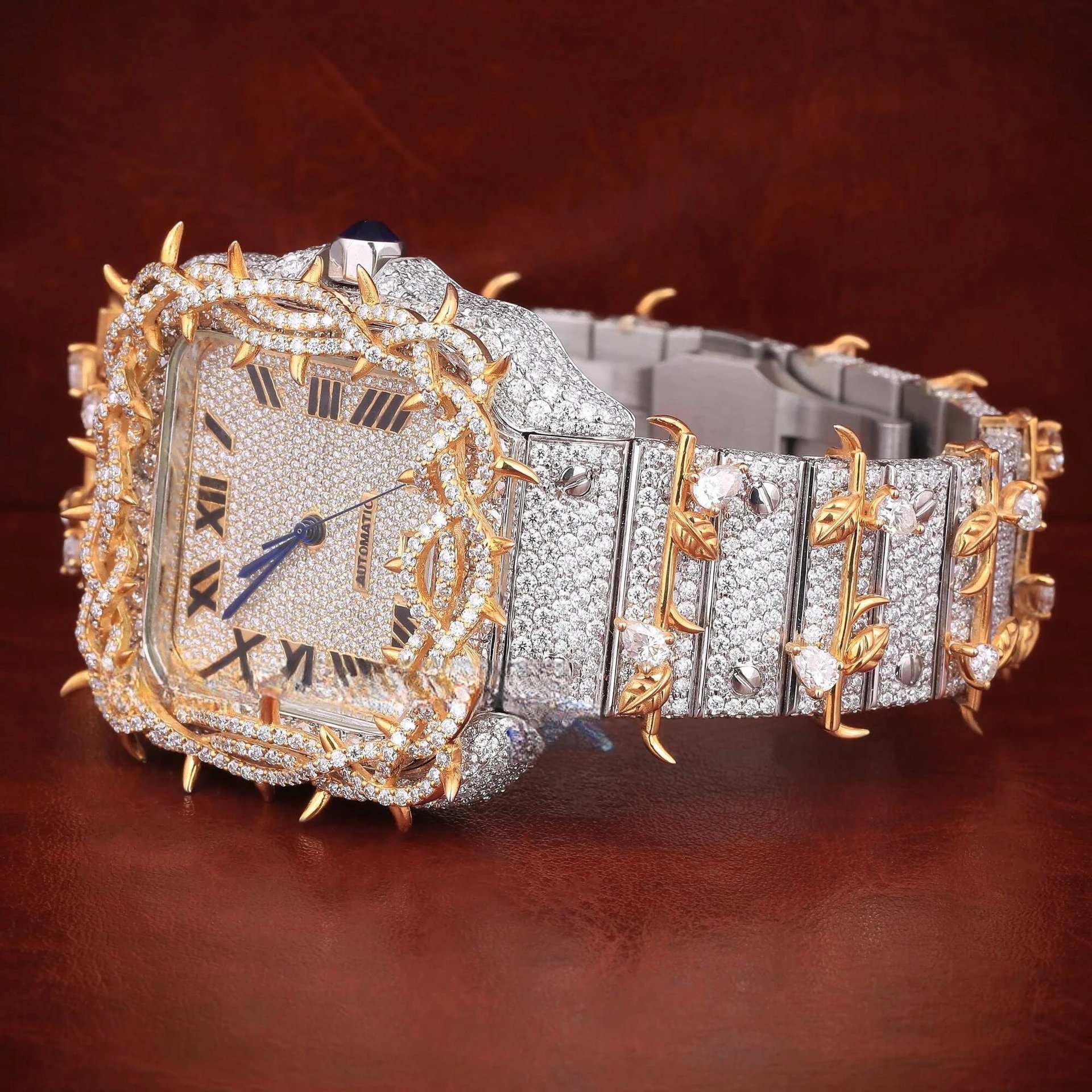 Luxury Square Dial Diamond Encrusted Gold Thorn Motif Automatic Watch