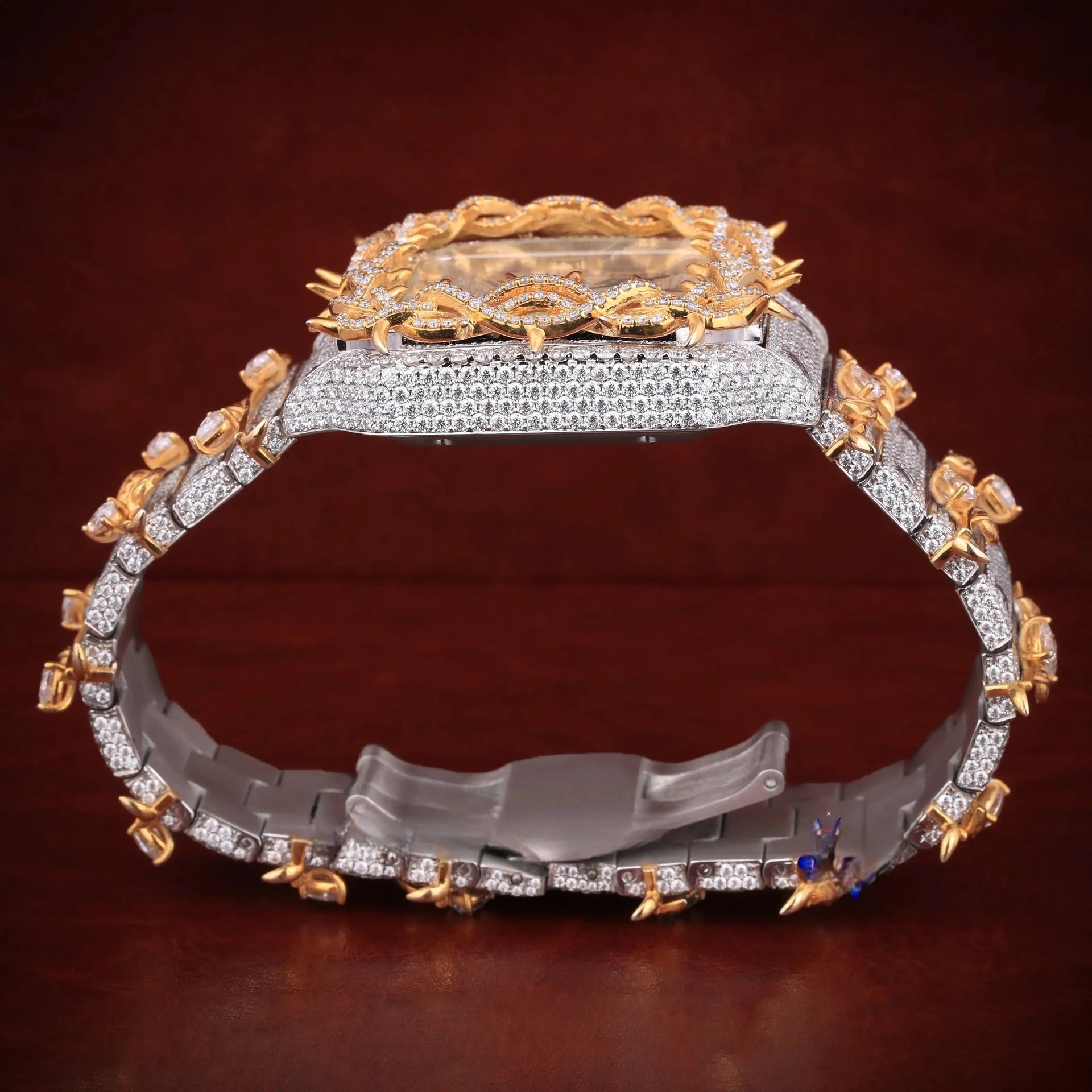 Luxury Square Dial Diamond Encrusted Gold Thorn Motif Automatic Watch